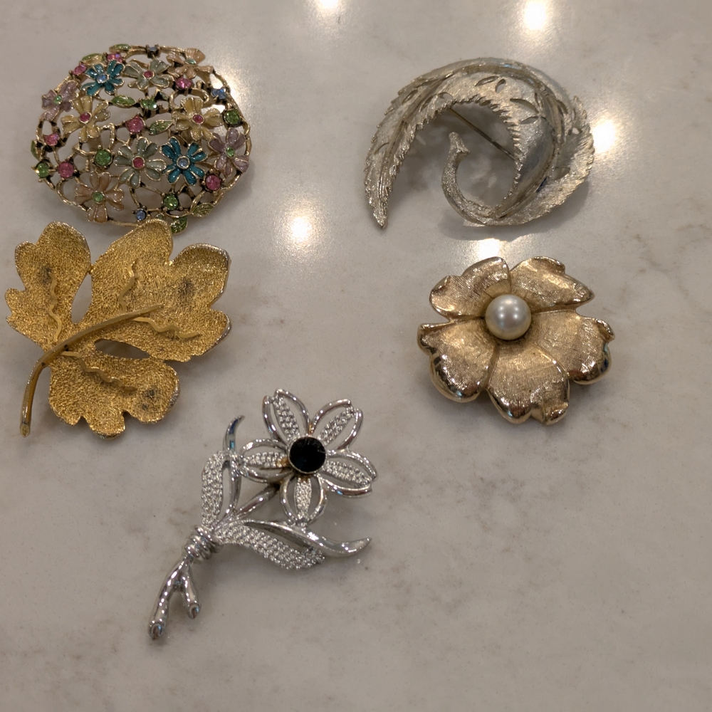 Vintage Signed Monet, Emmons, B.S.K., Sarah Coventry Brooches Set Of 5
